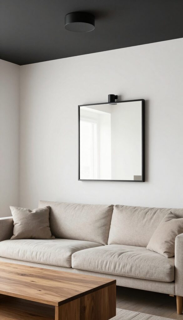 Moody living room with dark charcoal ceiling, soft white walls, and matte black light fixture