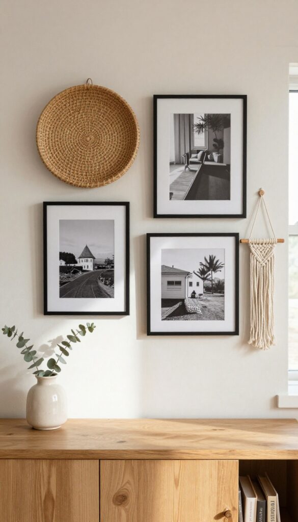 Layered gallery wall with frames, woven basket, macrame, and ceramic decor above a console table in a cozy living room