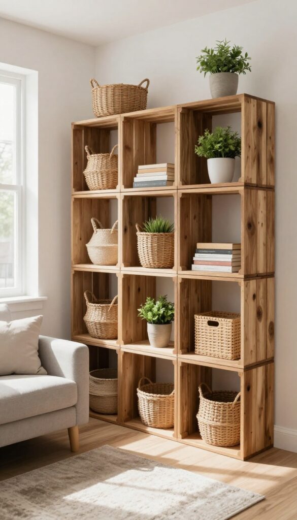 Floating crate cubby units on a living room wall, some with woven baskets, others with decor, in natural light.