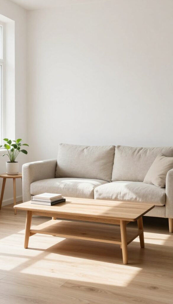 Nesting coffee table set in a small living room with books and plant, bright natural light