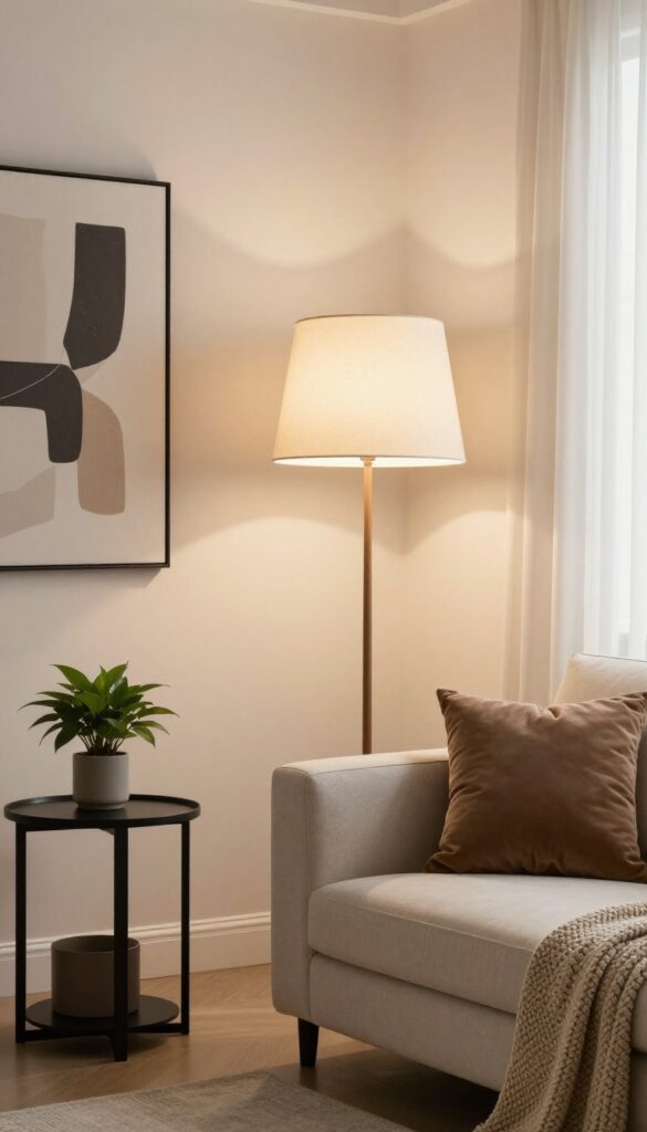 Oversized arc floor lamp with warm glow in a cozy glam living room corner, next to a beige sofa and side table with plant.