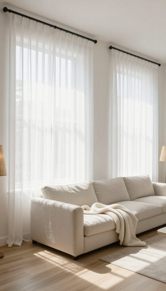 Mobile home living room with white sheer curtains and bamboo shades, natural light, modern decor