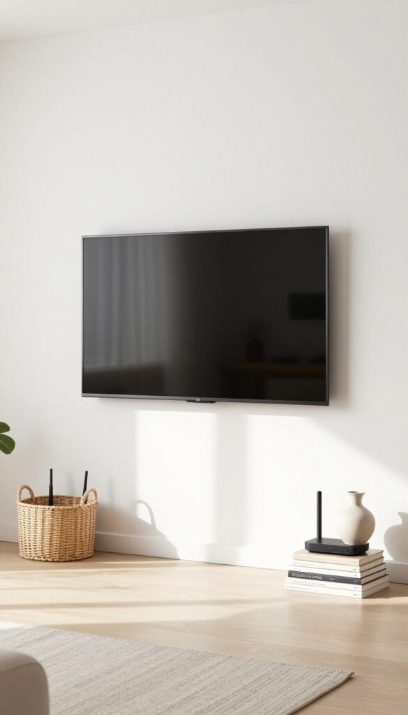 Minimalist living room with hidden TV cords and electronics concealed in a woven basket and behind decor items.