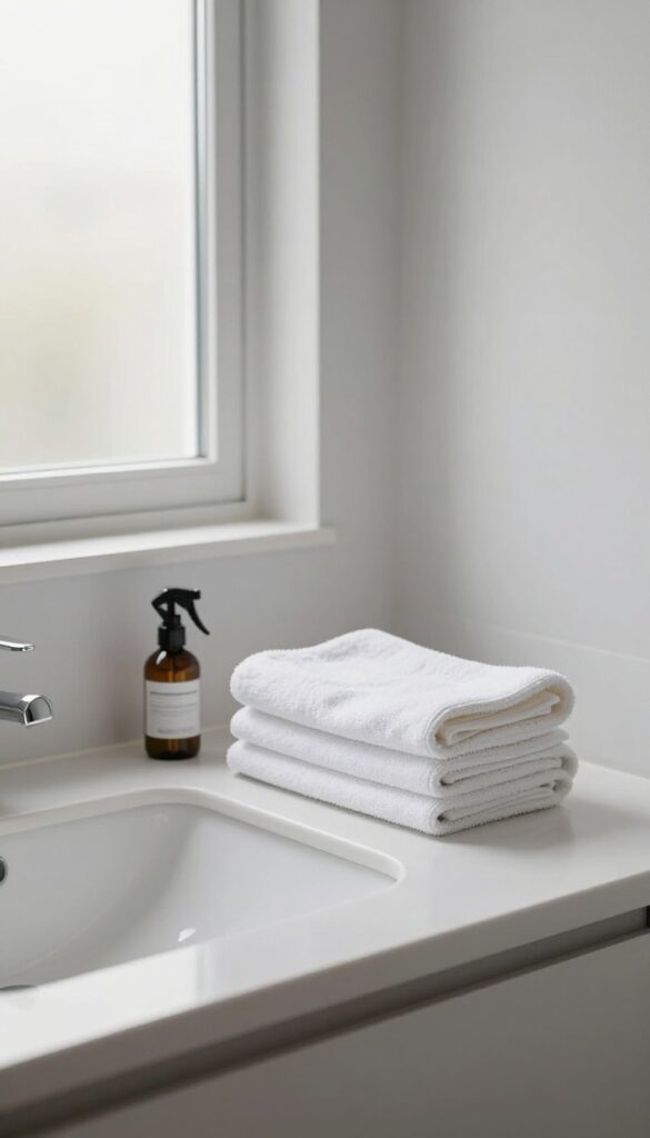 A clean bathroom counter with folded towels and cleaning supplies in soft evening light.