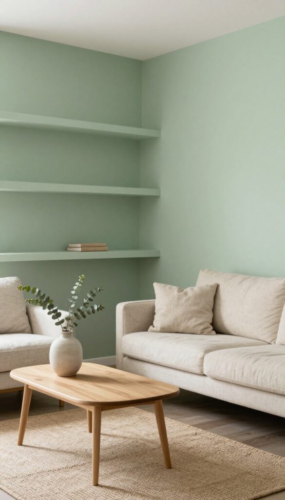Small living room with pale sage green accent wall, creamy beige sofa, light wood coffee table, and dried eucalyptus in a vase.