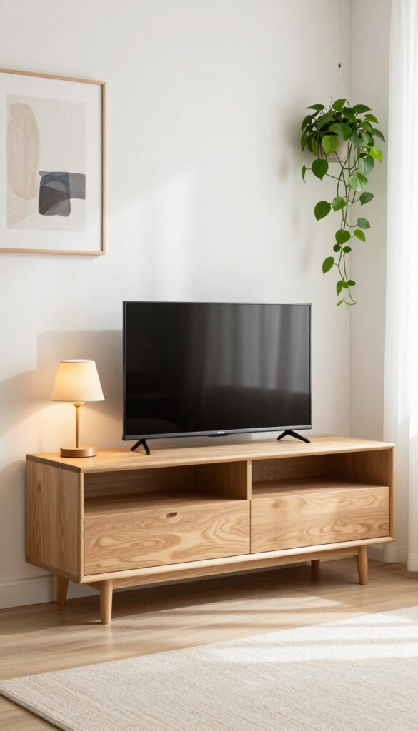 Living room corner with low credenza and mounted TV, plant and lamp on top, natural light.
