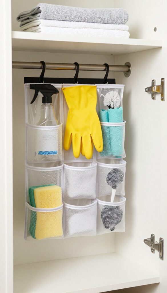 Hanging shoe organizer on closet door filled with cleaning supplies like spray bottles, sponges, and gloves.