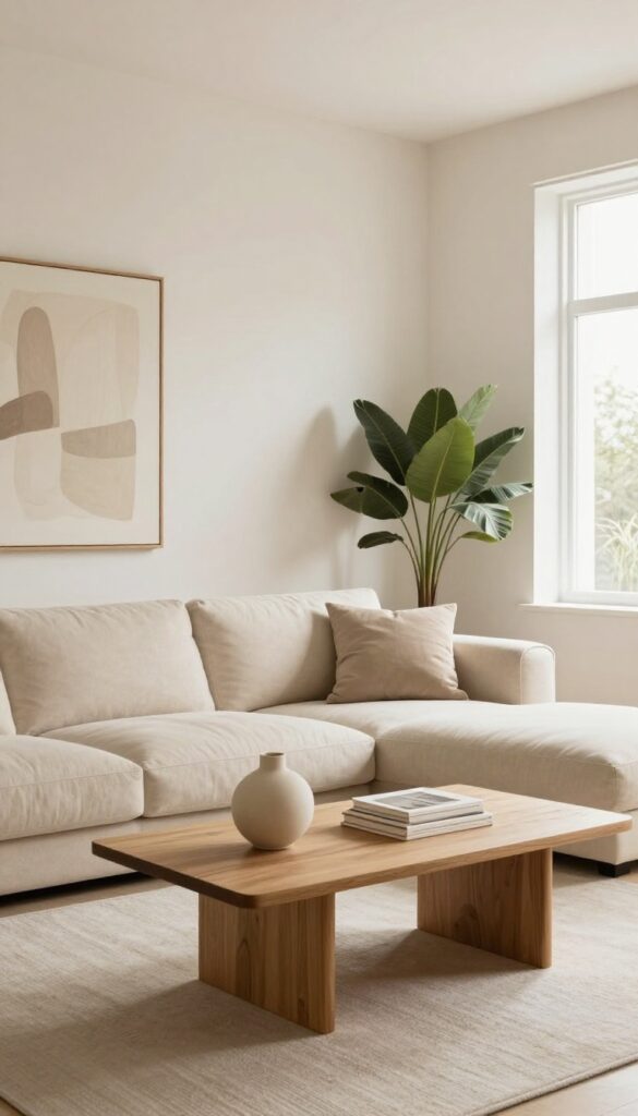 Minimalist single wide living room with neutral decor, large mirror, and abstract art
