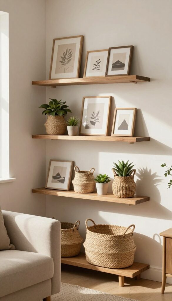 Floating shelf gallery with woven baskets in a living room corner, warm natural light, cozy decor