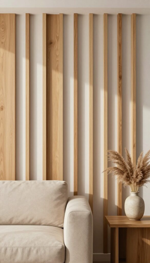 Slatted wood panels behind a sofa in a small living room, adding warmth and vertical rhythm.