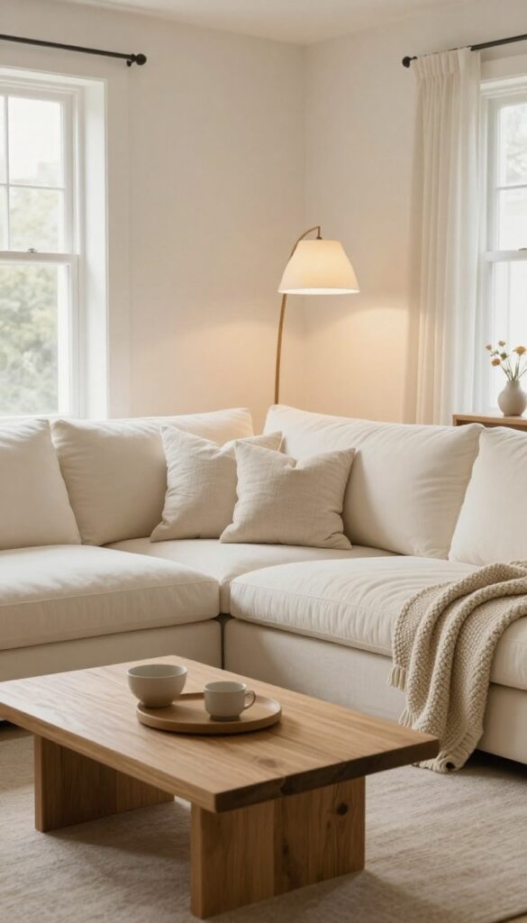 Neutral living room with low-profile bouclé sofa and chunky oak coffee table