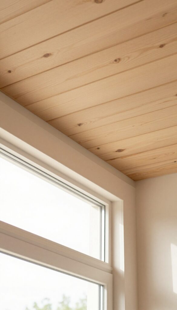 Whitewashed wood plank ceiling in a bright living room