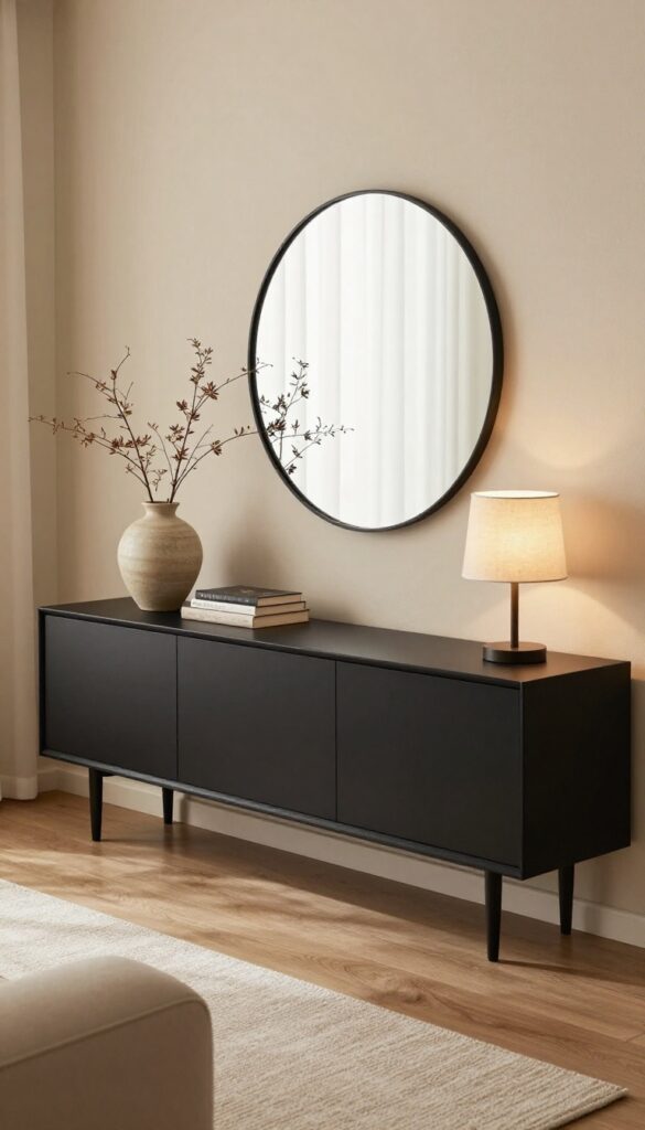 Floating wall-mounted console with layered decor in a modern warm living room