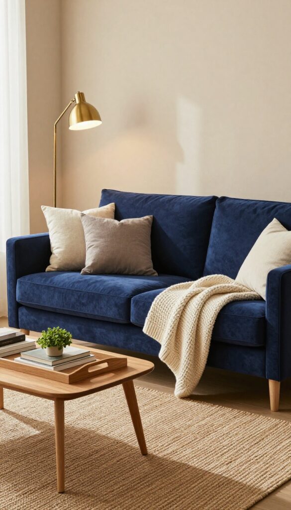 Blue velvet sofa as statement piece in neutral living room with jute rug and brass lamp