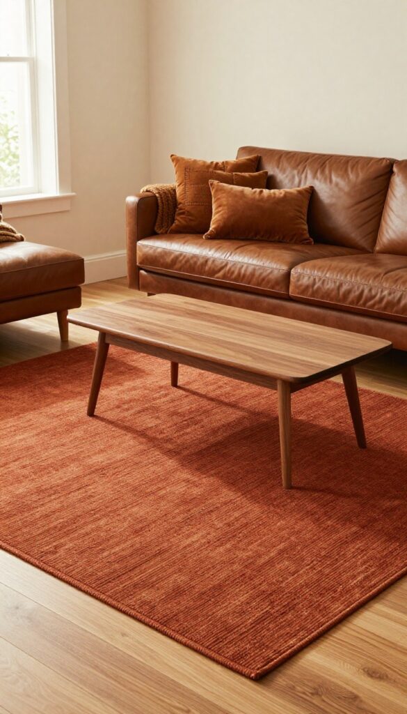 Rust-colored area rug defining a brown and orange living room with leather sofa and coffee table