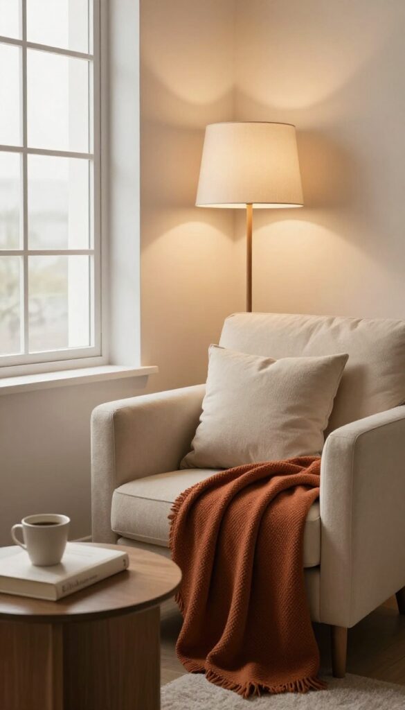 Cozy corner reading nook with plush armchair, floor lamp, and side table in a modern living room