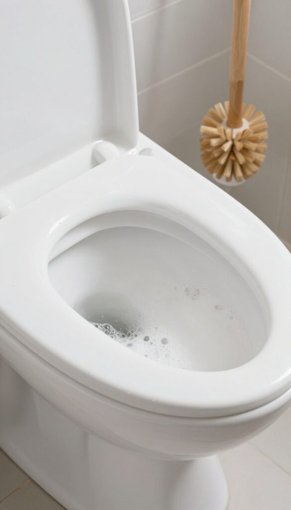 Baking soda and vinegar fizzing in a clean toilet bowl during deep cleaning