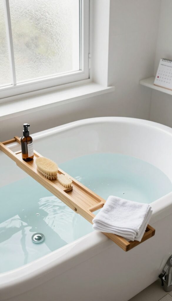 Clean jetted bathtub with monthly maintenance supplies on a caddy, soft natural light, minimalist bathroom.