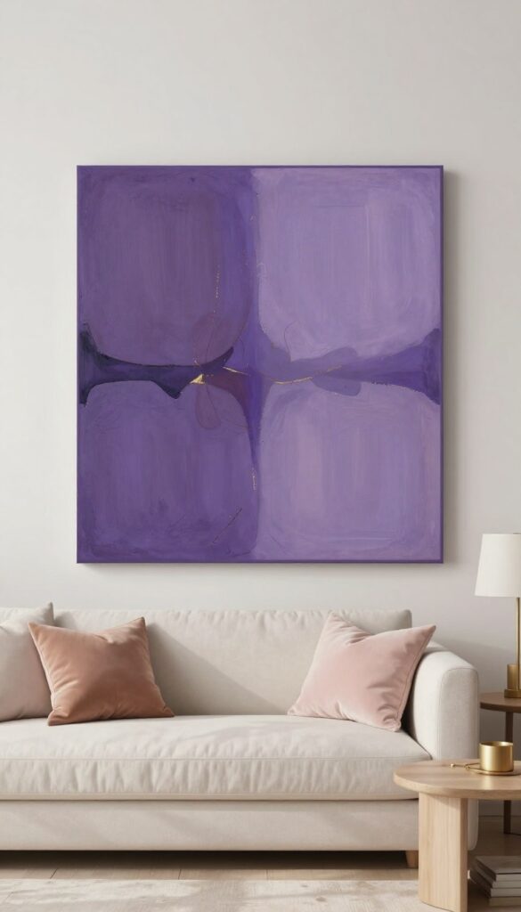 A large abstract purple painting hanging above a cream sofa in a bright, airy living room, with blush and gold accent pillows and a side table.