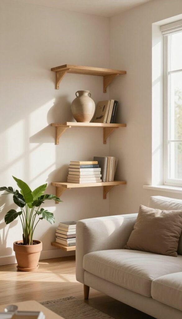 Living room shelves with three objects grouped in varying heights for a curated look
