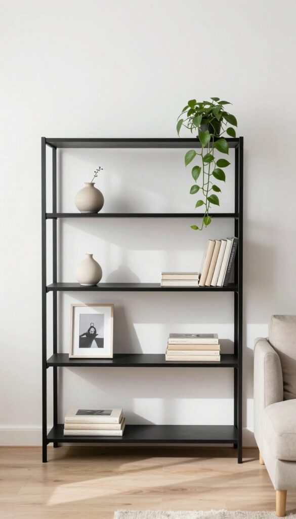 Minimalist black grid shelving unit with a few decor items and a trailing plant in a bright living room