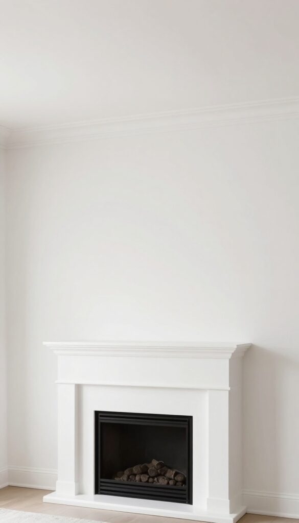Small living room with slim crown molding matching ceiling color, fireplace mantel, and wainscoting.
