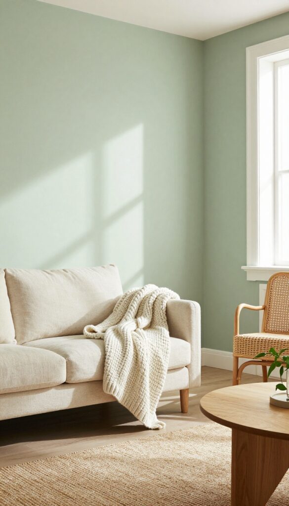 Bright living room with sage green walls, white trim, linen sofa, jute rug, and rattan chair, natural light.