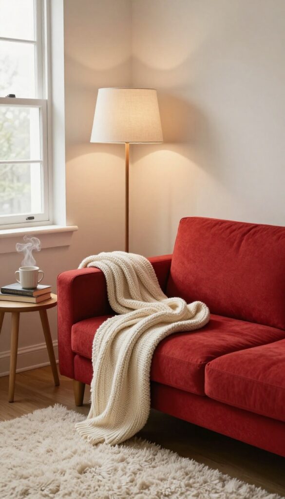 Cozy reading nook with red couch, floor lamp, side table, books, and sheepskin rug