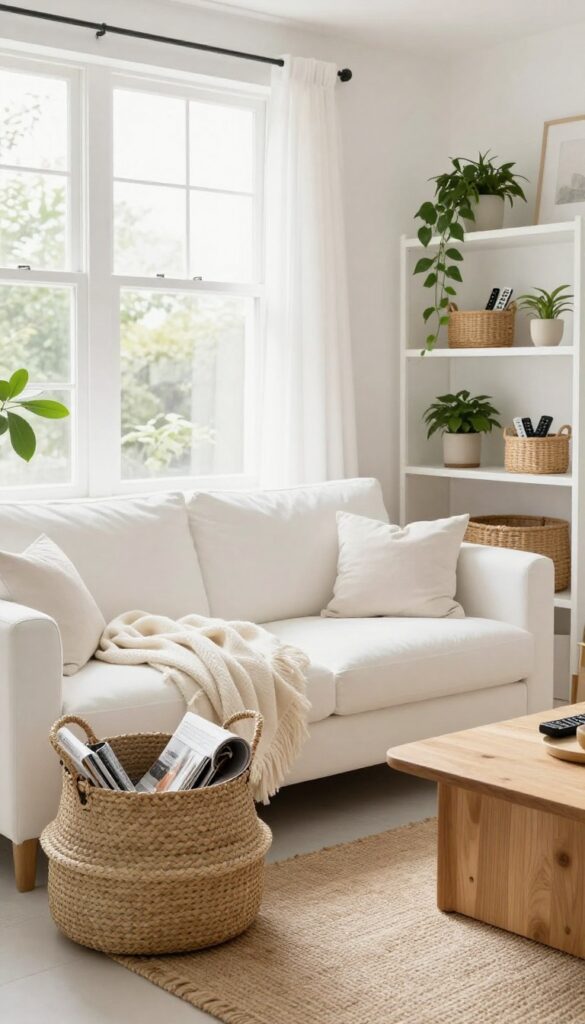 White living room with woven baskets for stylish storage, featuring a large basket beside a sofa holding throws and a small basket on a shelf with remotes.
