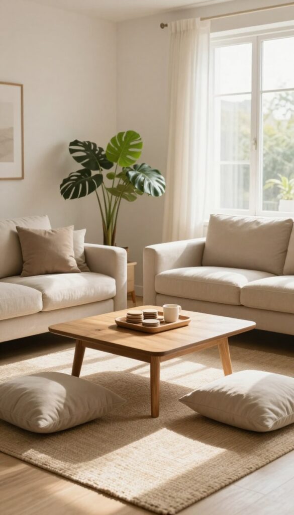 Living room with circular seating layout around a coffee table on a round rug, natural light, cozy and inviting.