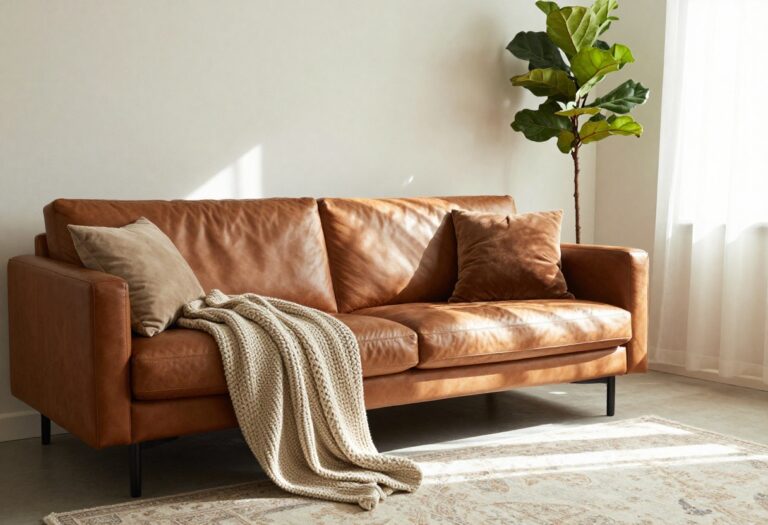 A cozy living room featuring a brown leather sofa with a knit throw and pillows, a vintage rug, and a tall plant by the window.