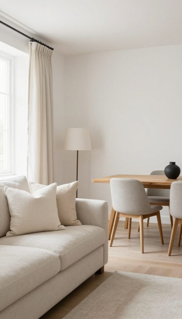 Light and airy small living and dining room with cohesive neutral color palette, beige sofa, pale greige dining chairs, and bleached oak table.