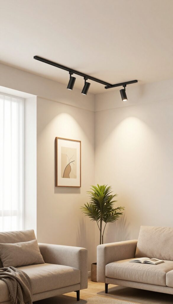 Small living room with matte black track lighting on ceiling, highlighting art, armchair, and plant.