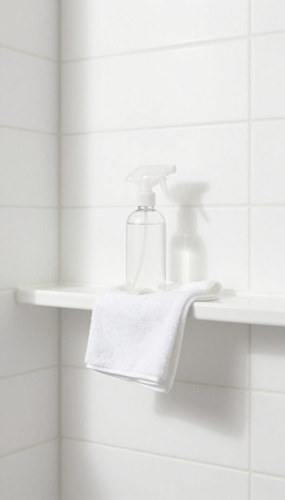 Shower wall with spray bottle and microfiber cloth for weekly grout maintenance