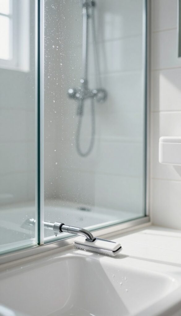 Glass shower door with a squeegee resting on it, water droplets, bright bathroom, clean and minimal decor