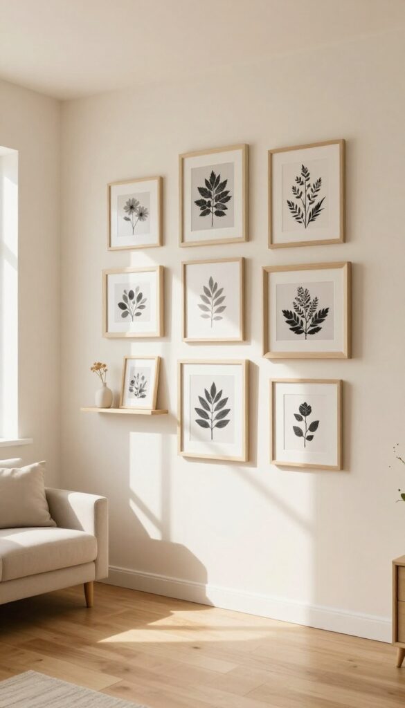 A gallery wall with cream-framed art in a bright living room, featuring thrifted frames painted soft cream, holding black-and-white prints and postcards, with natural light and a small decorative shelf.