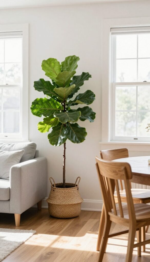 Large fiddle-leaf fig plant acting as a natural room divider between a sofa and dining table in a small living room