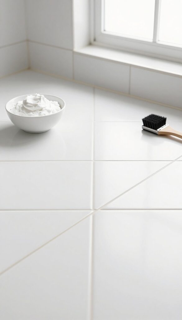 Baking soda paste and brush on clean bathroom tile floor