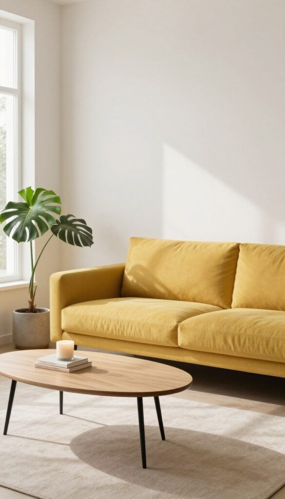Small living room with mustard sofa and round coffee table