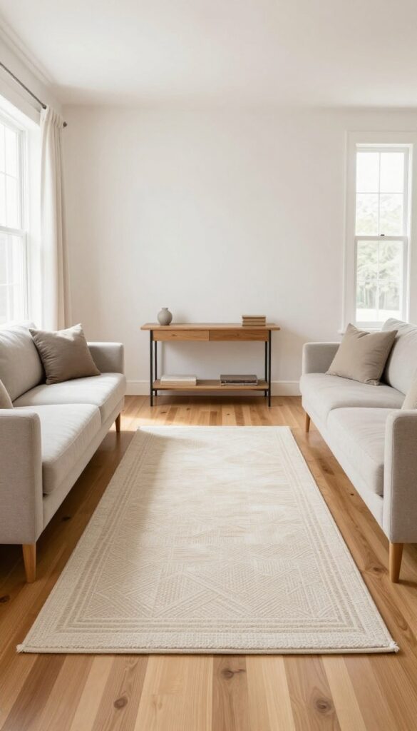 Narrow living room with a centered runner rug defining the walkway, light and airy with natural light.