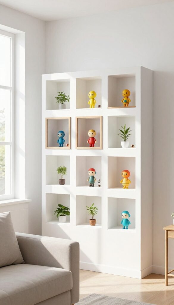 Gallery wall of shadow boxes displaying Toca Boca figurines in a bright living room
