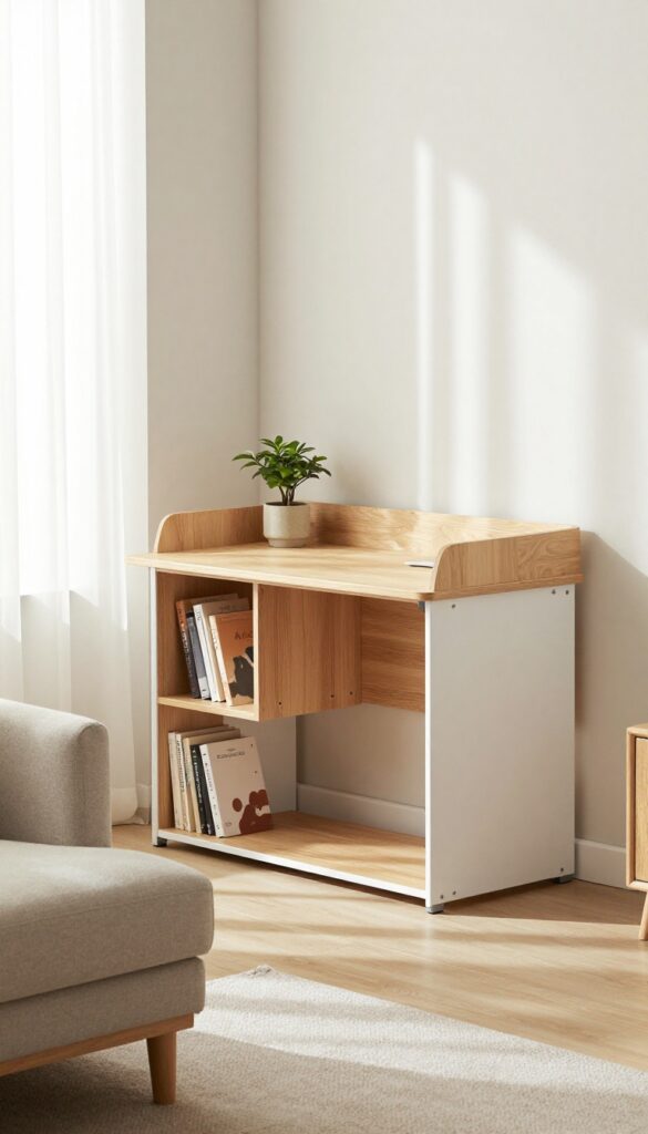 Convertible room divider with storage and fold-down desk in a bright living room