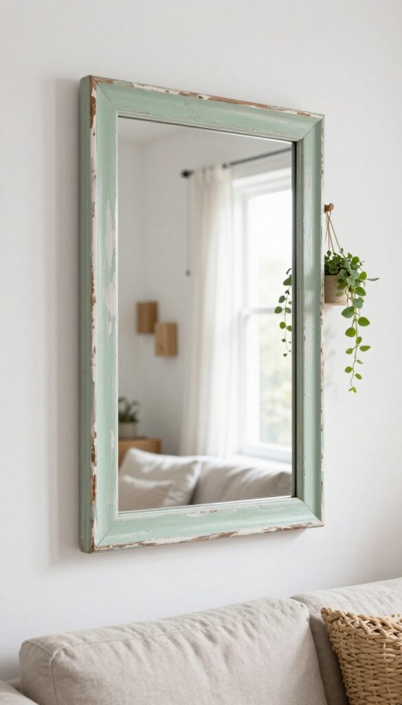 Repurposed window frame as wall art in a bright living room