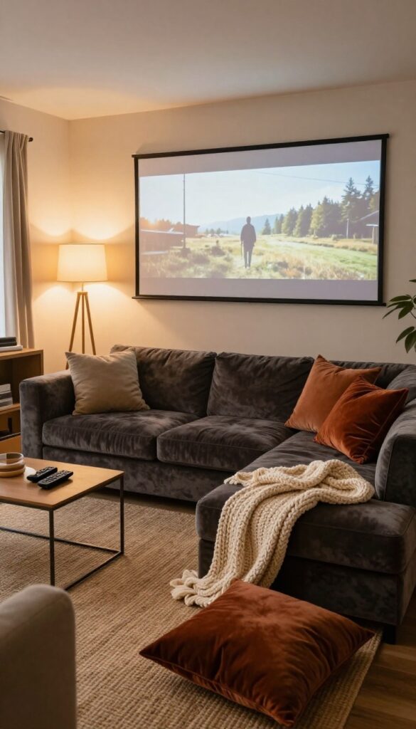 Cozy basement living room with a large charcoal velvet sectional, movie screen, and warm layered decor