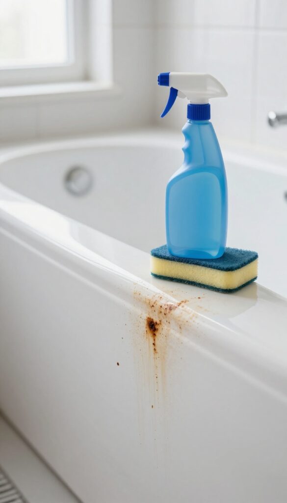 Porcelain bathtub with commercial cleaner and sponge, showing clean versus grimy surface