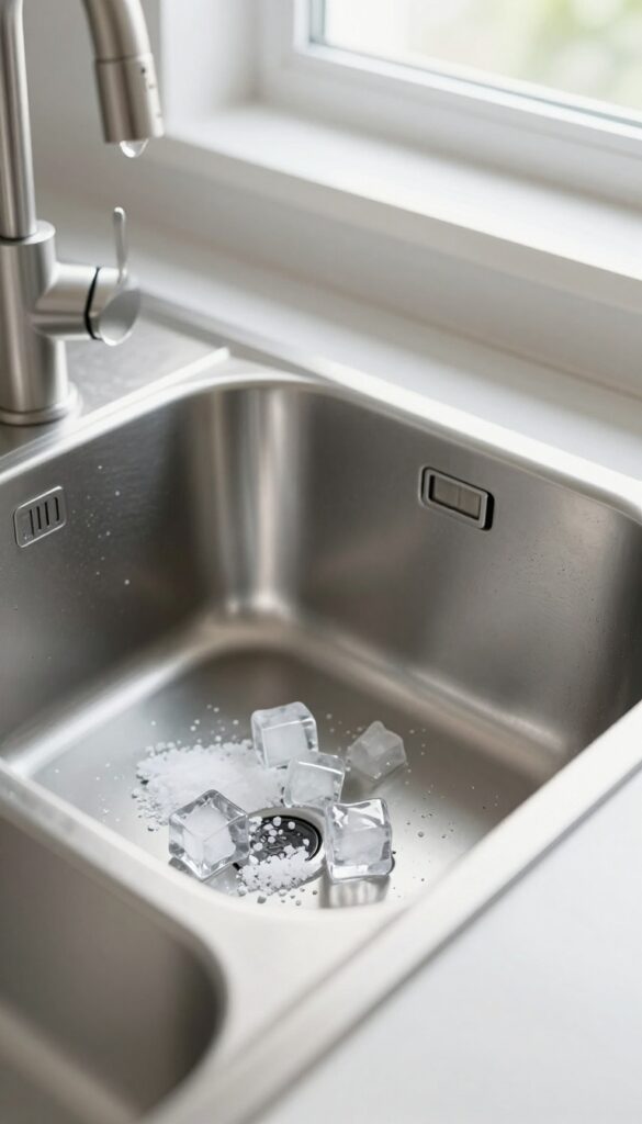 Ice cubes and salt in a garbage disposal for cleaning