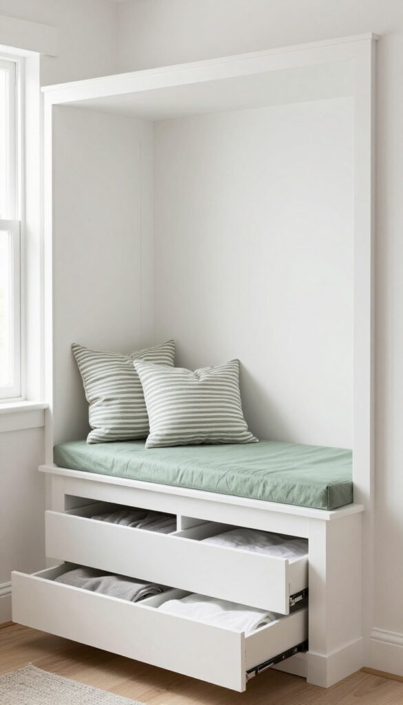 Small living room with a white window seat and sage green cushion, storage drawers underneath, bright natural light, cozy reading nook.