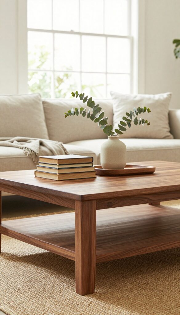 A thrifted solid wood coffee table styled with books, a ceramic vase, and a tray in a cozy living room