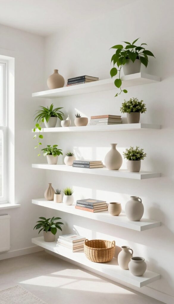 Living room with staggered floating shelves displaying decor and storage baskets
