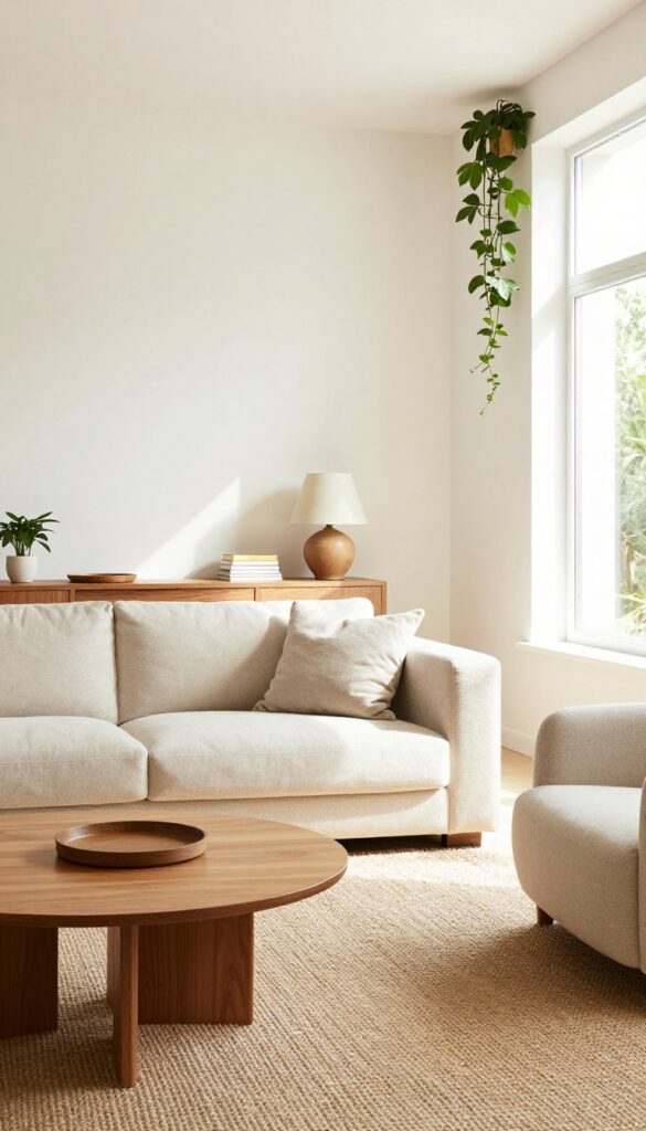 Living room with sofa floated away from wall, console table behind, and chairs angled for conversation